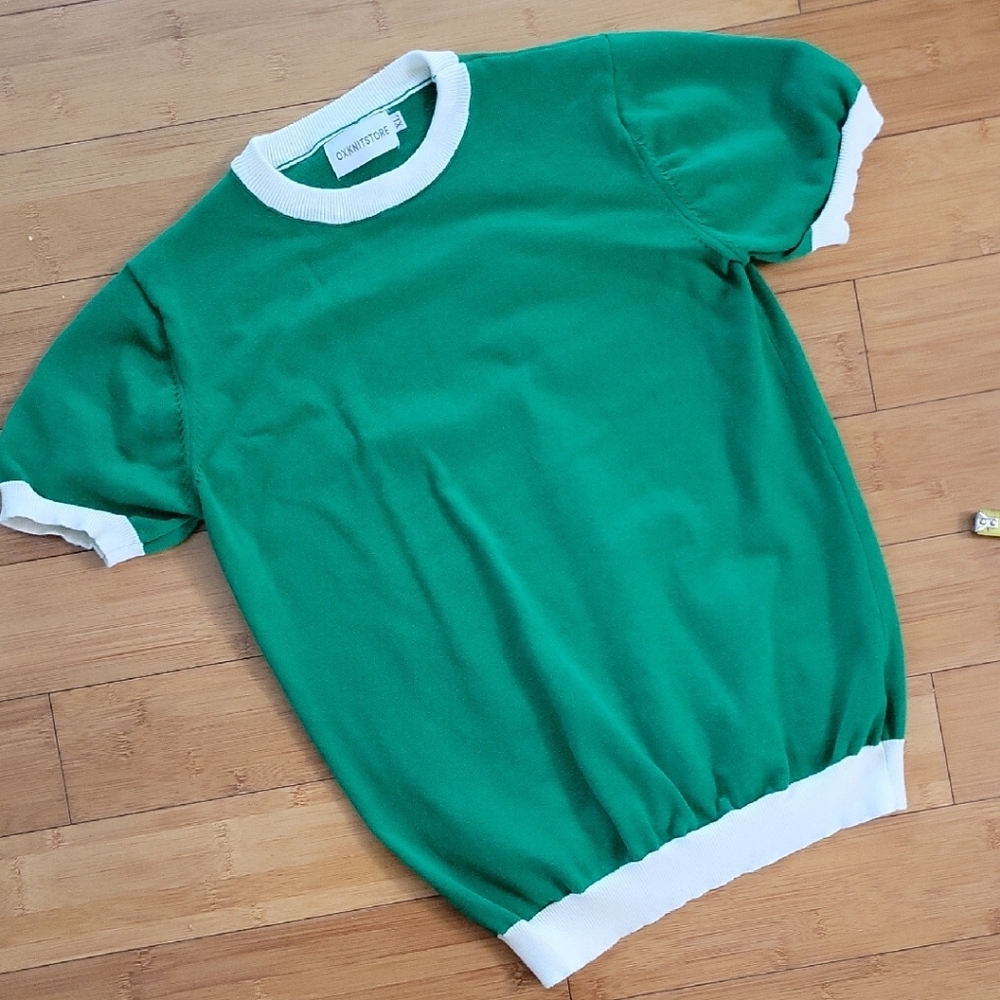 Green and White Short Sleeve Sweater